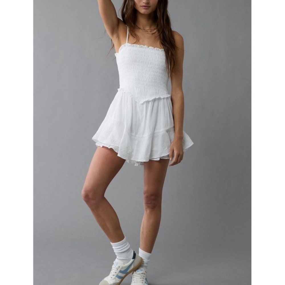 American Eagle White Bella Smocked Tiered Ruffle Romper L Cotton Festival Boho
